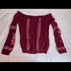 Burgundy off the shoulder crop top